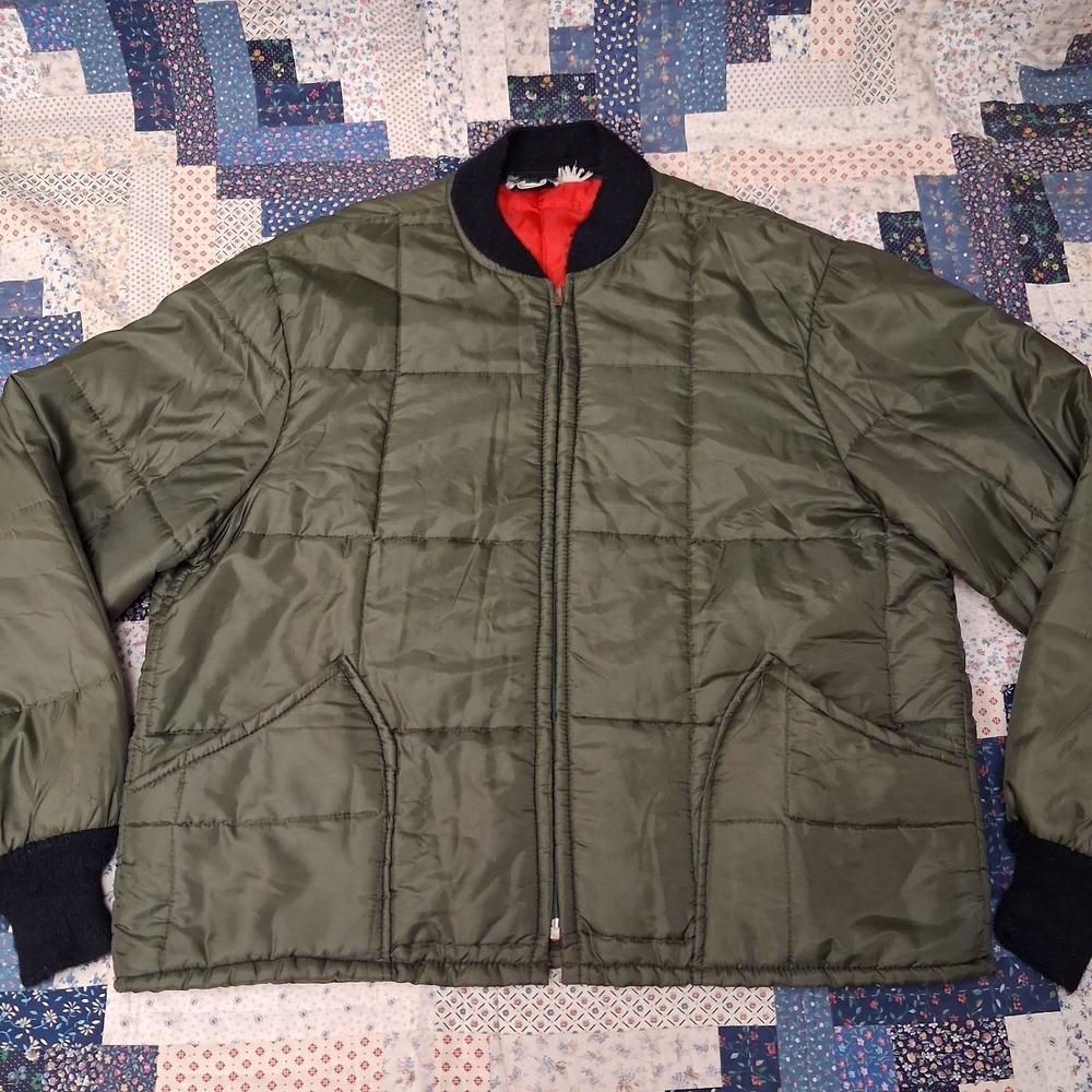 Vintage 60s Wards Western Field Quilted Jacket Mens XL Green Gripper Zipper